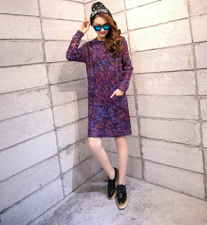 Fashion Winter Dresses Woolen Knee Length O-Neck Stripe Acrylic Full Sleeve Pocket - Purple