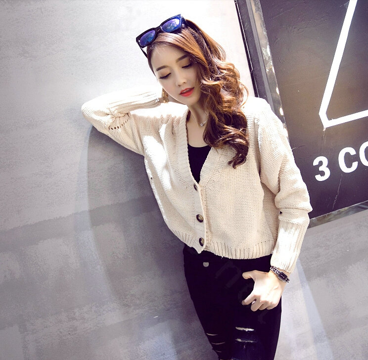 Female Sweater Flat Knitted Solid Button Cardigan Sleeves Short Thin - Beige