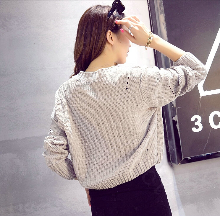 Female Sweater Flat Knitted Solid Button Cardigan Sleeves Short Thin - Grey