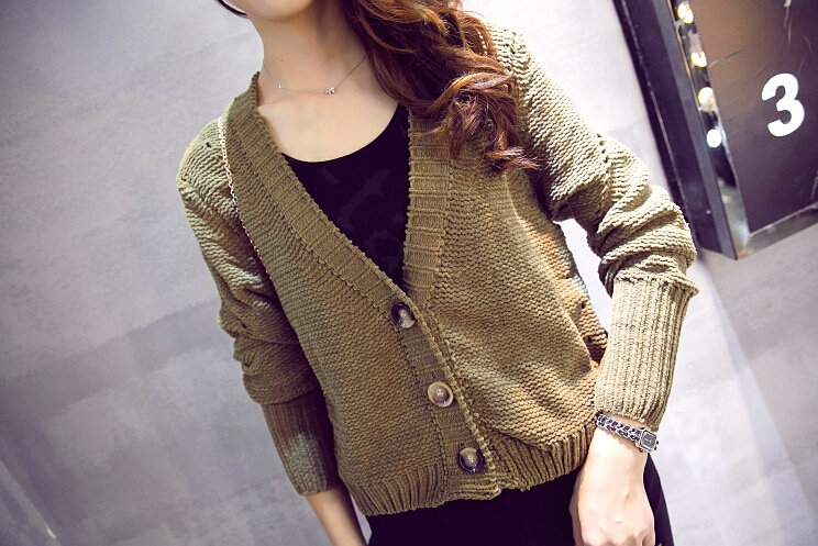 Female Sweater Flat Knitted Solid Button Cardigan Sleeves Short Thin - Khaki