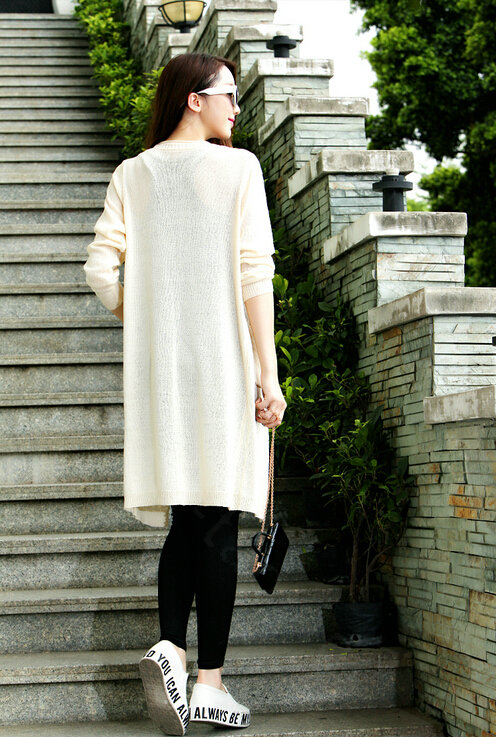 Female Sweater Long Paragraph Cardigan Loose Coat Pockets Flat Knitted - Beige