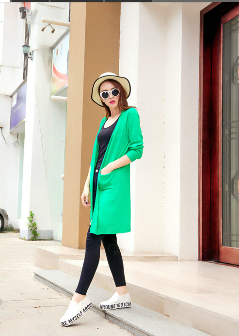 Female Sweater Long Paragraph Cardigan Loose Coat Pockets Flat Knitted - Green
