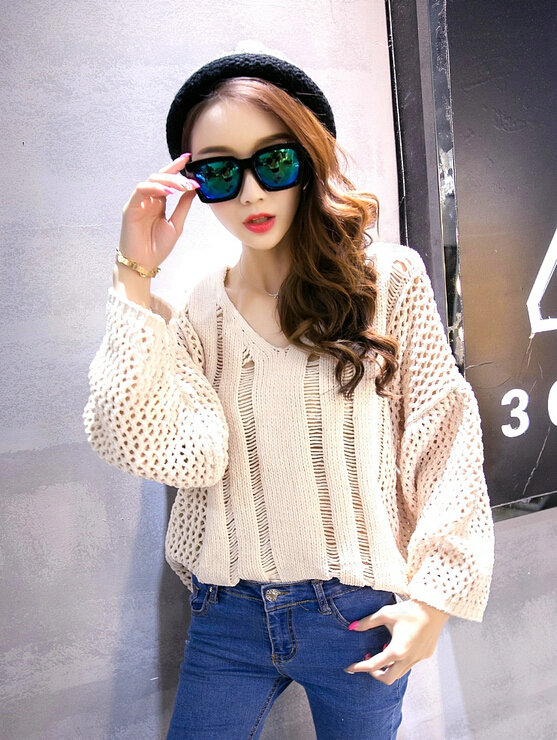 Female Sweater Loose Cut Short Lantern Sleeve Solid Thin - Beige