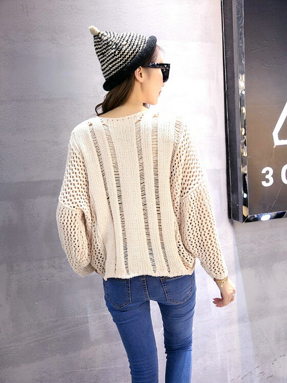 Female Sweater Loose Cut Short Lantern Sleeve Solid Thin - Beige