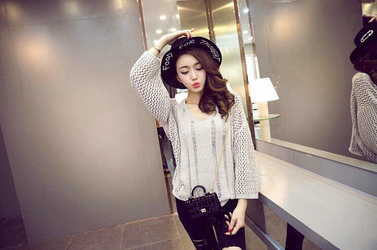 Female Sweater Loose Cut Short Lantern Sleeve Solid Thin - Grey
