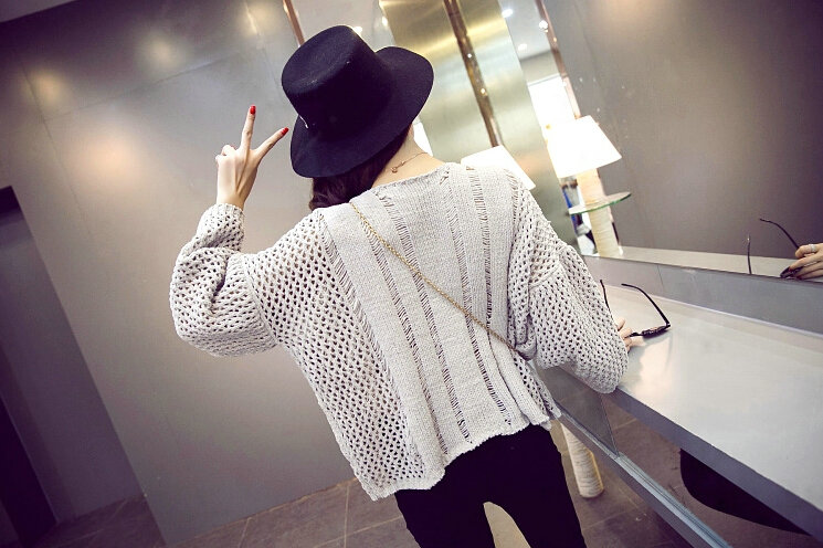 Female Sweater Loose Cut Short Lantern Sleeve Solid Thin - Grey