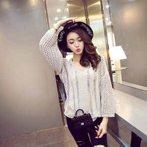 Female Sweater Loose Cut Short Lantern Sleeve Solid Thin - Grey