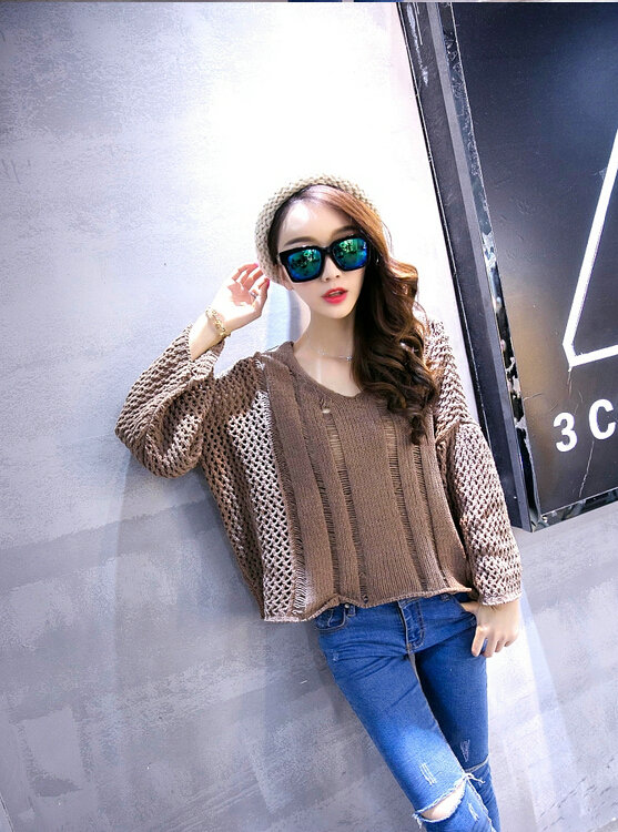 Female Sweater Loose Cut Short Lantern Sleeve Solid Thin - Khaki