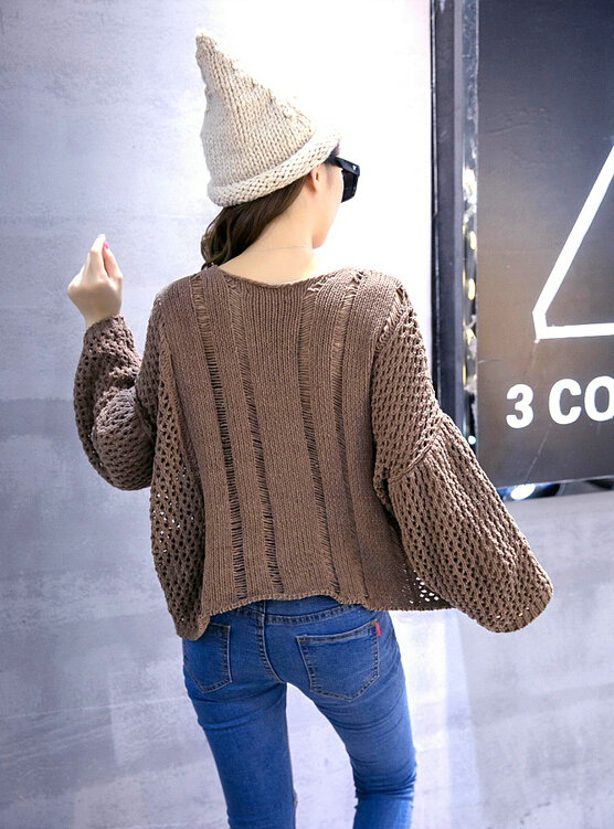 Female Sweater Loose Cut Short Lantern Sleeve Solid Thin - Khaki
