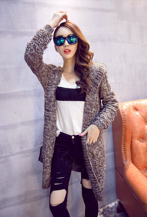 Female Sweater Overcoat Hand Knitted Long Hooded Thread Sanding Warm Thick - Khaki