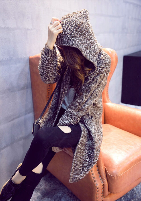 Female Sweater Overcoat Hand Knitted Long Hooded Thread Sanding Warm Thick - Khaki