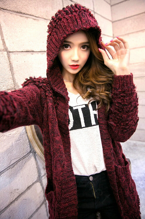 Female Sweater Overcoat Hand Knitted Long Hooded Thread Sanding Warm Thick - Red