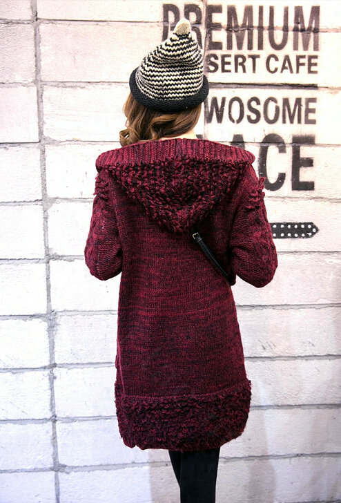 Female Sweater Overcoat Hand Knitted Long Hooded Thread Sanding Warm Thick - Red