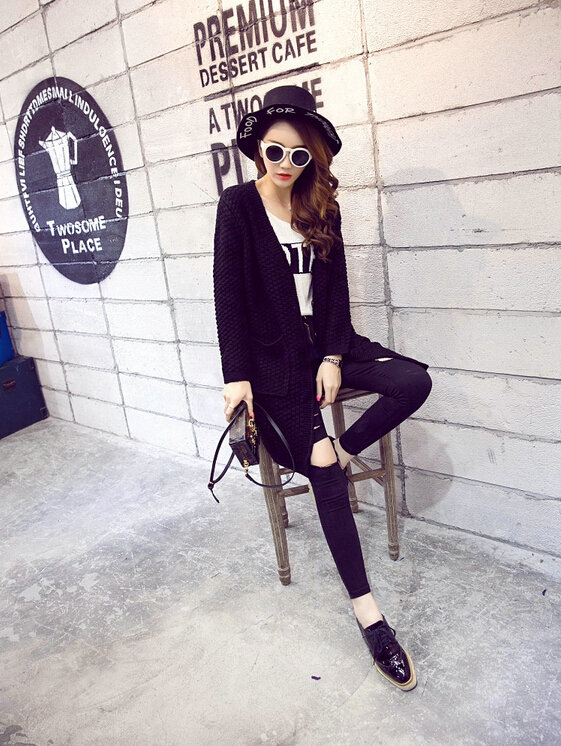 High Quality Sweater Winter Cardigan Pocket Female Street Fashion - Black
