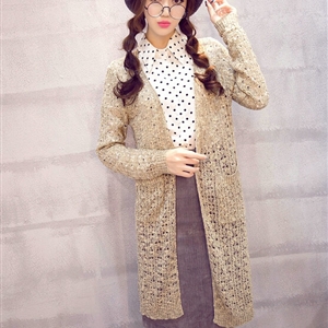 Long Sweater Solid V-Neck Open Stitch Winter Cardigan - Beige