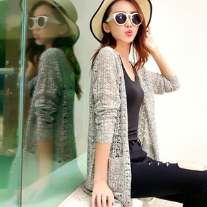 Long Sweater Solid V-Neck Open Stitch Winter Cardigan - Grey