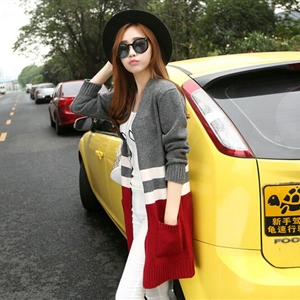 Loose Sweater Color Slim Long Cardigan Pockets Patchwork Girl - Grey