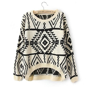 Novelty Sweater Winter Hot Sleeved Loose Female Wool Lattice Geometry - Beige