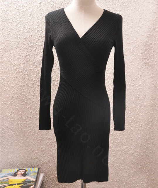 Sexy Dresses Knitting Winter Knee Length Women Work Wear V-neck - Black