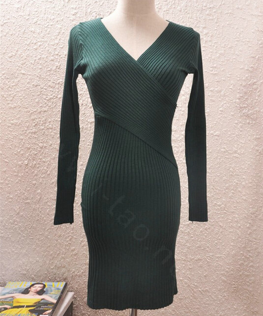 Sexy Dresses Knitting Winter Knee Length Women Work Wear V-neck - Blackish Green