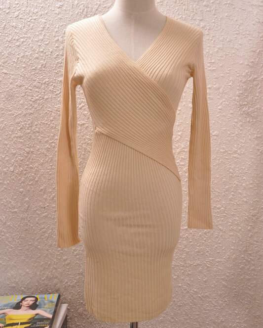 Sexy Dresses Knitting Winter Knee Length Women Work Wear V-neck - Khaki