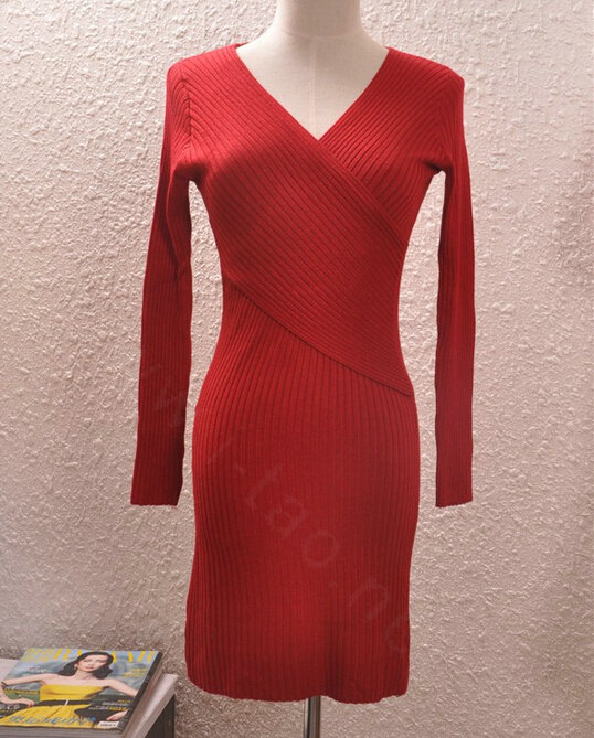 Sexy Dresses Knitting Winter Knee Length Women Work Wear V-neck - Red