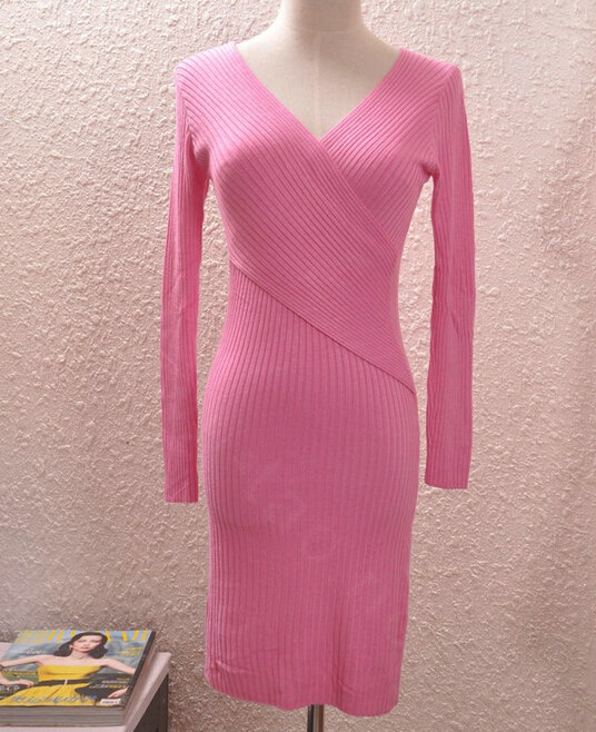 Sexy Dresses Knitting Winter Knee Length Women Work Wear V-neck - Rose