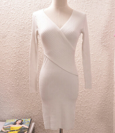 Sexy Dresses Knitting Winter Knee Length Women Work Wear V-neck - White