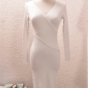 Sexy Dresses Knitting Winter Knee Length Women Work Wear V-neck - White