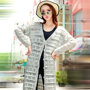 Sweater Cardigan Jacket Women Flat Knitted Loose Shawl Hollowed - Grey