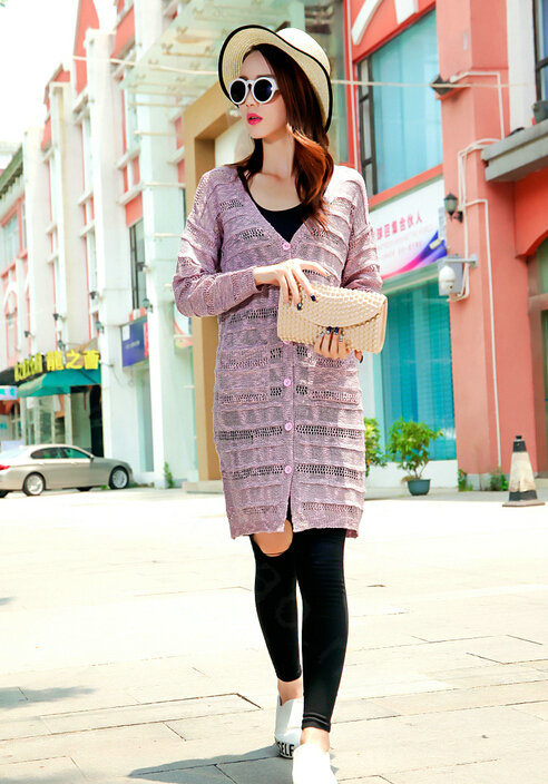 Sweater Cardigan Jacket Women Flat Knitted Loose Shawl Hollowed - Pink