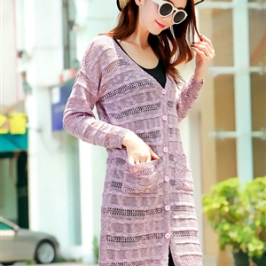 Sweater Cardigan Jacket Women Flat Knitted Loose Shawl Hollowed - Pink