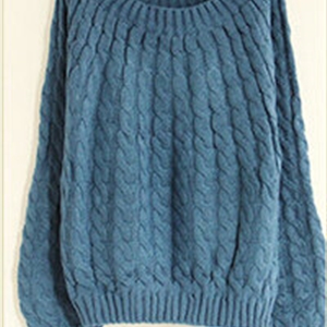 Sweater Classic Women Sleeve Pure Thick Solid O-Neck - Blue