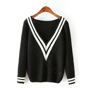 Sweater Deep V Collar Cotton Striped Knitted Female Burst Models - Black