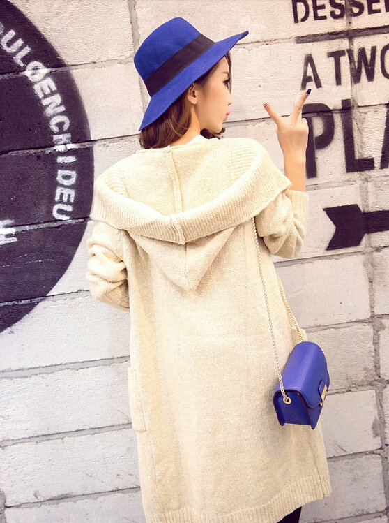Sweater Fashion Female Solid Hooded Cardigan Thick Warm Flat Knitted - Beige