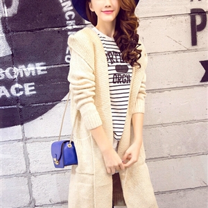 Sweater Fashion Female Solid Hooded Cardigan Thick Warm Flat Knitted - Beige
