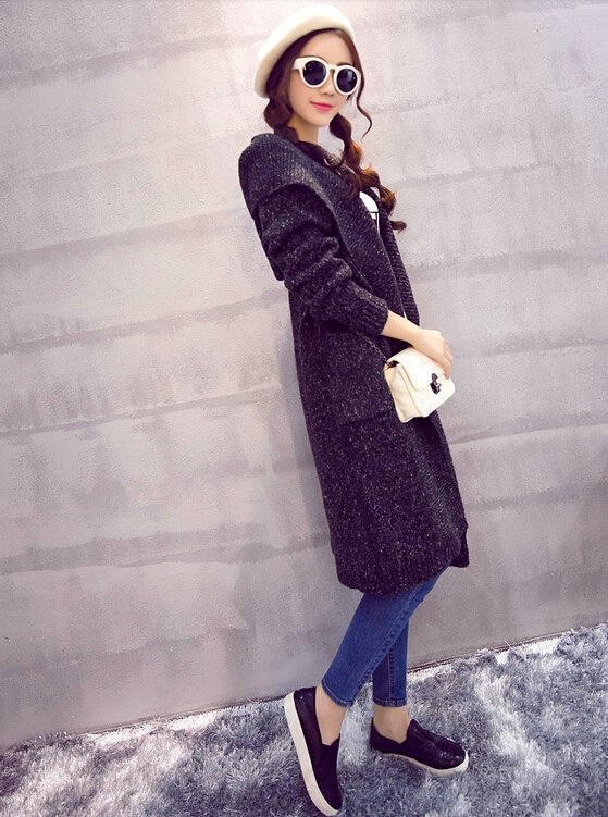 Sweater Fashion Female Solid Hooded Cardigan Thick Warm Flat Knitted - Black