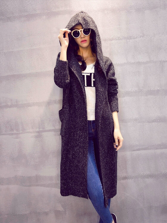 Sweater Fashion Female Solid Hooded Cardigan Thick Warm Flat Knitted - Black