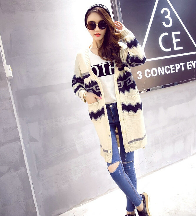 Sweater Fashion Girls Winter Cardigan Long Loose Pocket Color Flat Knitted - Beige