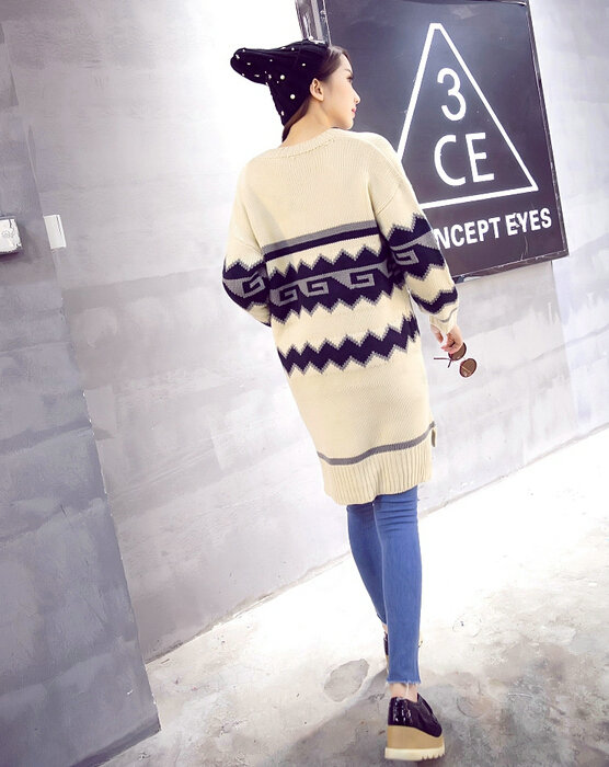 Sweater Fashion Girls Winter Cardigan Long Loose Pocket Color Flat Knitted - Beige