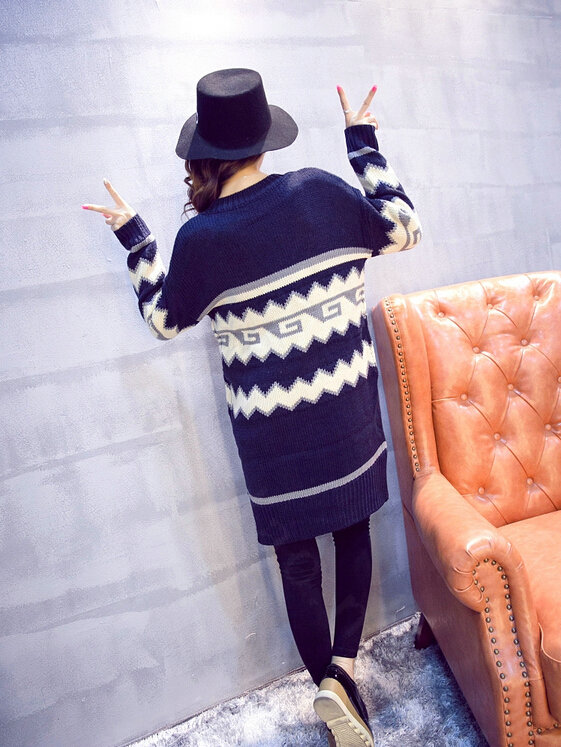 Sweater Fashion Girls Winter Cardigan Long Loose Pocket Color Flat Knitted - Black