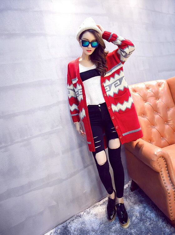 Sweater Fashion Girls Winter Cardigan Long Loose Pocket Color Flat Knitted - Red