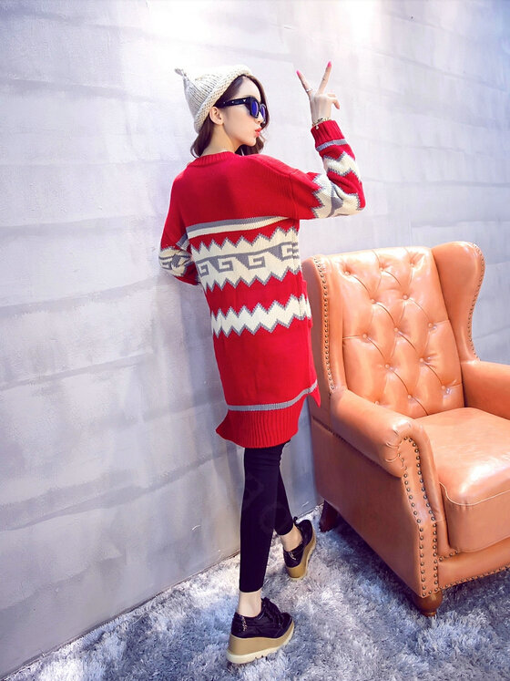 Sweater Fashion Girls Winter Cardigan Long Loose Pocket Color Flat Knitted - Red