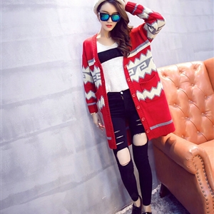 Sweater Fashion Girls Winter Cardigan Long Loose Pocket Color Flat Knitted - Red