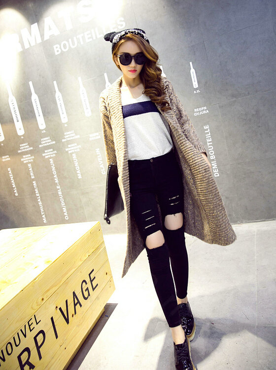 Sweater Fashion Skinny Girls Winter Hand Knitted Cardigan Thick Warm Knee Long - Beige