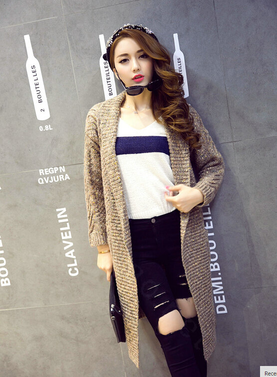 Sweater Fashion Skinny Girls Winter Hand Knitted Cardigan Thick Warm Knee Long - Beige