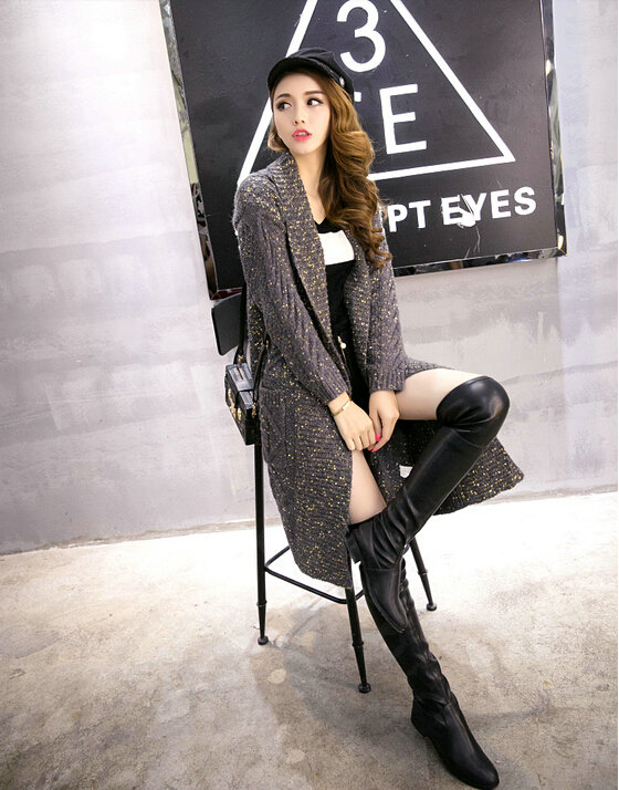 Sweater Fashion Skinny Girls Winter Hand Knitted Cardigan Thick Warm Knee Long - Grey