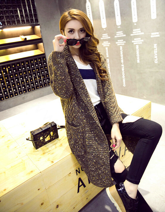 Sweater Fashion Skinny Girls Winter Hand Knitted Cardigan Thick Warm Knee Long - Khaki