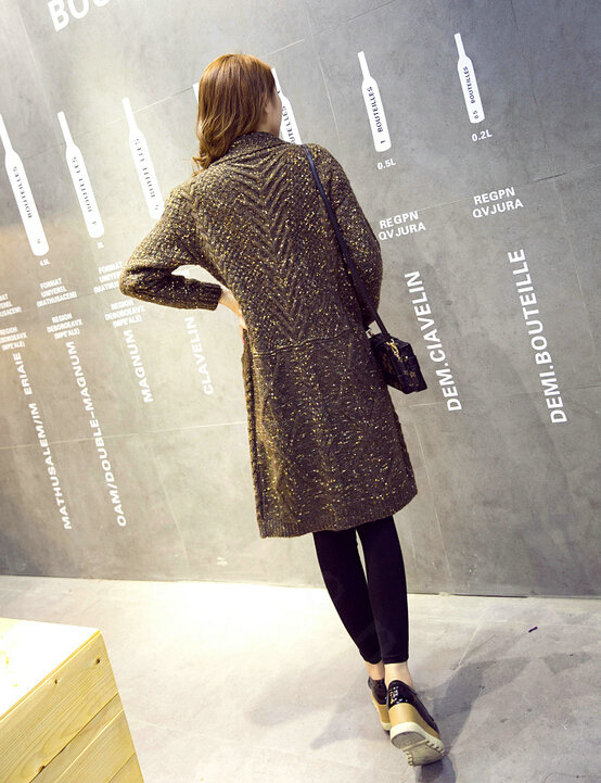 Sweater Fashion Skinny Girls Winter Hand Knitted Cardigan Thick Warm Knee Long - Khaki