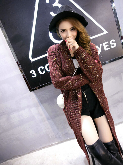 Sweater Fashion Skinny Girls Winter Hand Knitted Cardigan Thick Warm Knee Long - Red